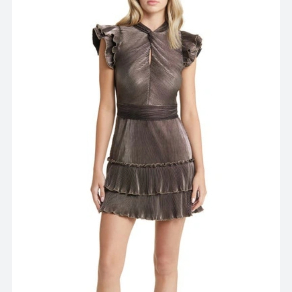 Saylor Metallic Ruffle Sleeve Dress Size M
